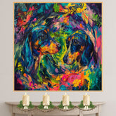 Colorful Abstract Dachshund Dog Art Print Vibrant Expressionist Pet Portrait with Floral Accents Modern Animal Decor for Living Room Bedroom or Office on Ready to Hang 1.5" Thick Canvas Wrap, Floating Framed Canvas, Flat Rolled Canvas